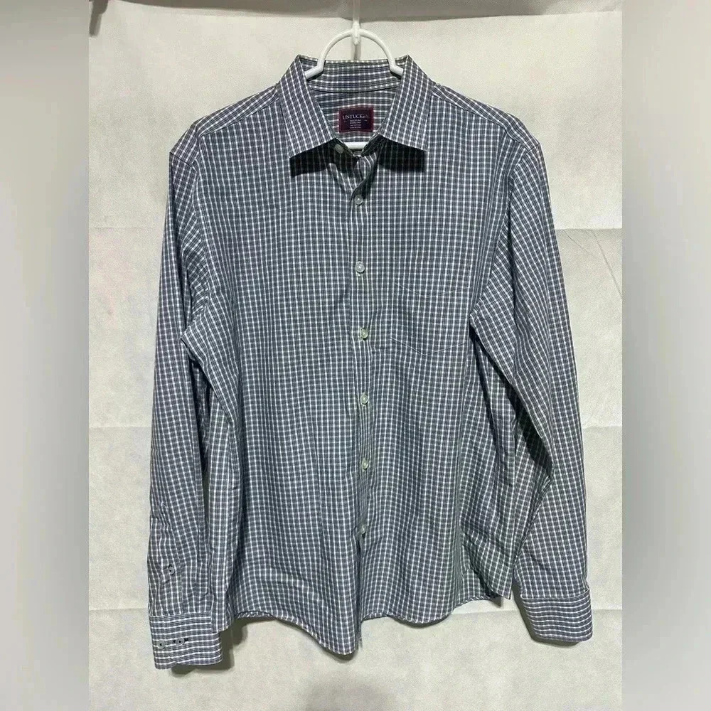 UNTUCKit Men’s Medium Blue White Plaid Shirt Wrinkle Free Cotton Long Sleeve EUC